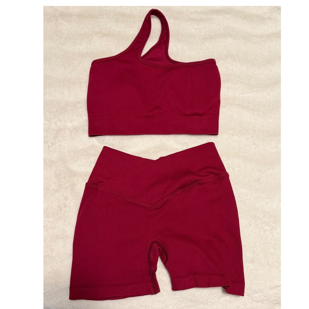 Burgundy Ribbed One Shoulder Sports Bra and Scrunch Butt Shorts Activewear Set S